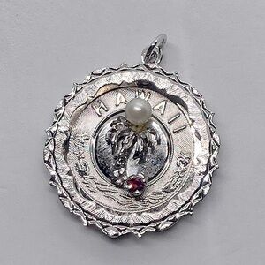 Vtg Crea Sterling Pearl & Pink / Red Stone & Pearl Hawaii Pendant 3D / 1.2”